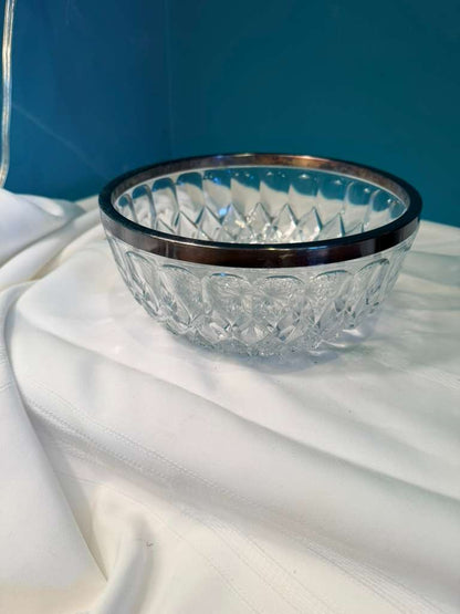 Vintage Cut Crystal Bowl Silver Rim Starburst Pattern Serving Bowl