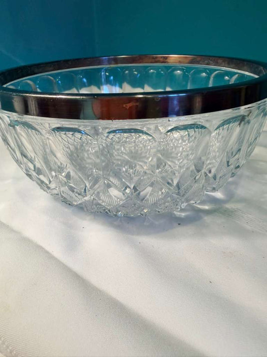 Vintage Cut Crystal Bowl Silver Rim Starburst Pattern Serving Bowl
