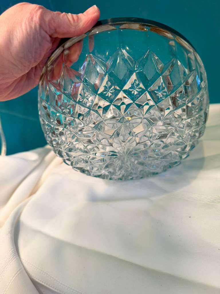 Vintage Cut Crystal Bowl Silver Rim Starburst Pattern Serving Bowl