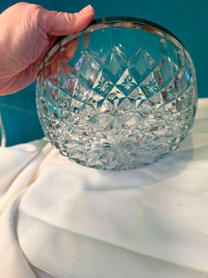 Vintage Cut Crystal Bowl Silver Rim Starburst Pattern Serving Bowl