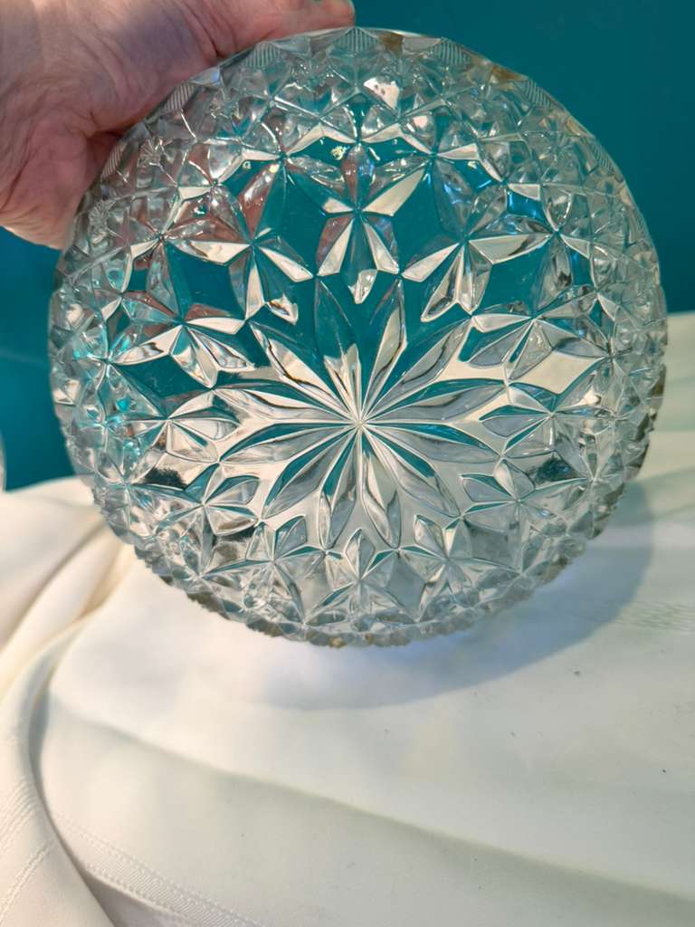 Vintage Cut Crystal Bowl Silver Rim Starburst Pattern Serving Bowl