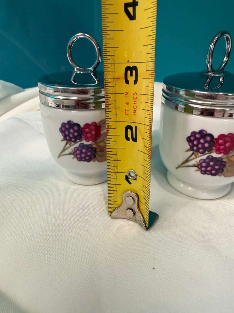 Vtg Royal Worcester Porcelain Egg Coddlers Pair with Chrome Lids Made in England