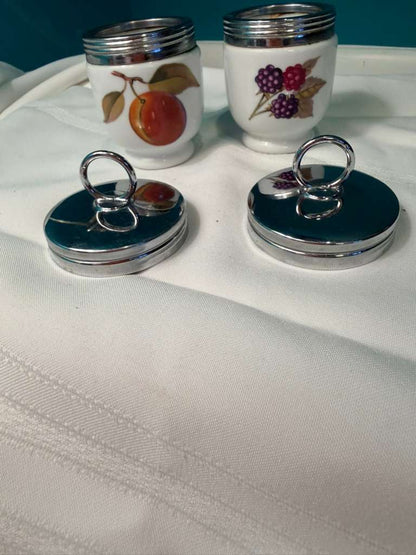 Vtg Royal Worcester Porcelain Egg Coddlers Pair with Chrome Lids Made in England