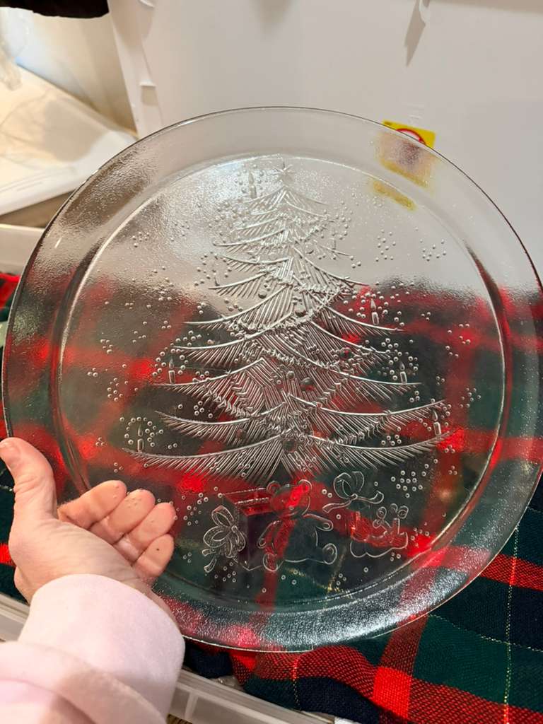 Vintage Christmas Tree Glass Platter Clear Embossed Holiday Serving Tray Plate