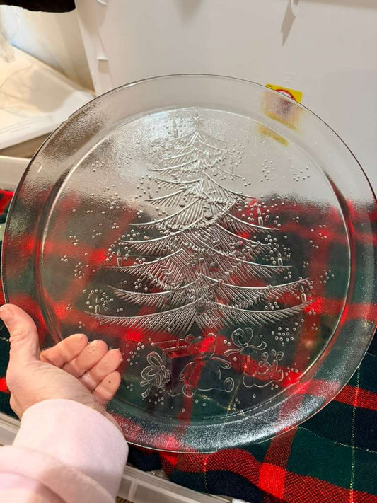 Vintage Christmas Tree Glass Platter Clear Embossed Holiday Serving Tray Plate