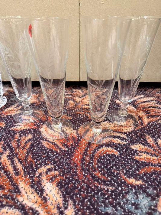 Set of 5 Sasaki Wheat Pilsner Glasses Vintage Etched Crystal Beer Glass 8.5” USA