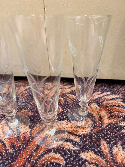 Set of 5 Sasaki Wheat Pilsner Glasses Vintage Etched Crystal Beer Glass 8.5” USA