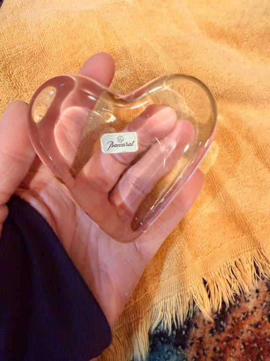 Baccarat Crystal Heart Paperweight Clear Glass Vintage Signed Label France Decor
