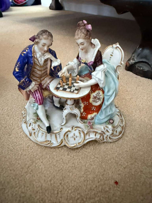 Vintage Porcelain Couple Chess Figurine Romantic Victorian Statue Decor Ceramic