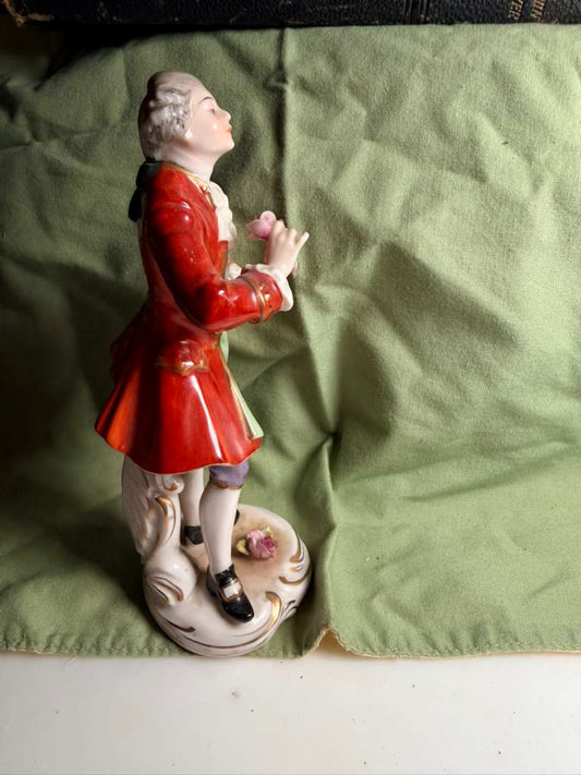 Vintage Porcelain Gentleman Figurine Red Coat Rococo Style Ceramic Statue Decor