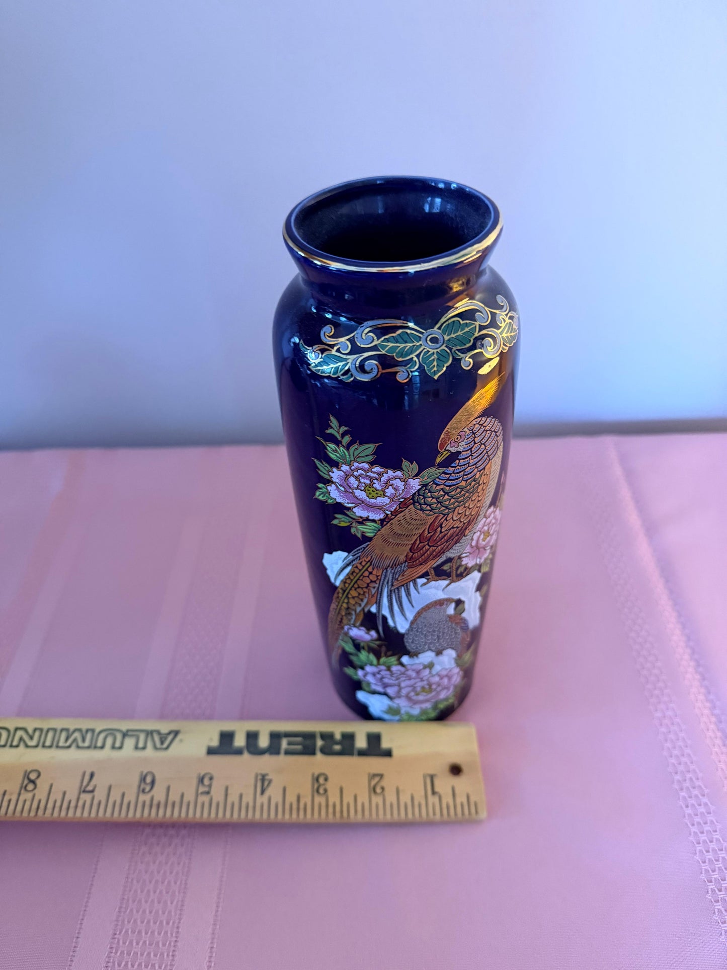 Vintage Japanese Cobalt Blue Vase Gold Pheasant Peony 10” Japan
